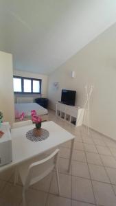 马焦内Monolocale Azzurra的客厅配有白色桌子和沙发