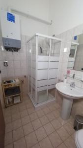 马焦内Monolocale Azzurra的带淋浴和盥洗盆的浴室