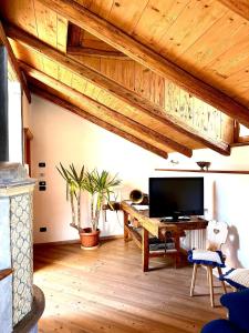 卡瓦莱塞Casa Gianmoena的一间带电视和木制天花板的客厅
