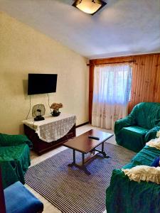 布拉加Mélita Guesthouse的客厅配有两张绿色椅子和一张桌子
