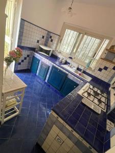 马拉泰亚VILLABRI的厨房铺有蓝色瓷砖地板,配有蓝色橱柜。