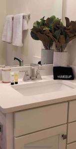 夏洛特Luxurious 3 Story Townhome的浴室的柜台设有水槽和镜子