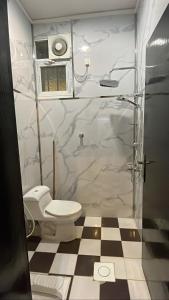 艾卜哈غرفة وصالة في أبها的一间带卫生间和玻璃淋浴间的浴室