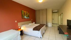 蒙蒂斯克拉鲁斯Hotel Fazenda Bonjuá的一间酒店客房,设有两张床和电视