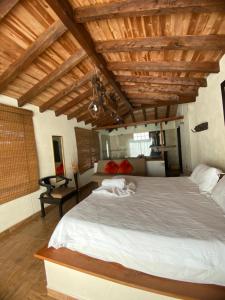 瓜塔佩Oak Tree house的一间卧室设有一张带木制天花板的大床。