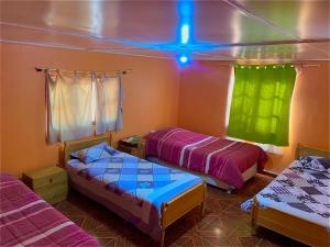圣佩德罗·德·阿塔卡马SURI ATACAMA - Eco H&T的紫绿色客房内的两张床