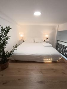 巴约讷MiniLoft Baiona -的一间卧室配有白色床单和植物
