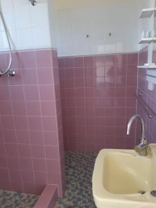 梅林布拉Norfolk Pines Motel的浴室设有粉红色的瓷砖墙壁和水槽
