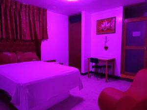 利马Hostal Reyna的一间卧室配有一张床和一张紫色光桌子
