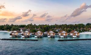 北马累环礁Bandos Maldives的日落时分水面上的一排水上洋房
