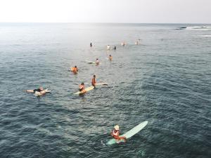 Pacifico Surf Bayay的一群人,在水面上冲浪板上