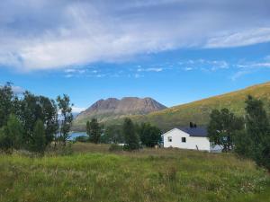 Nord-LenangenIdyllisk hus med sauna og jacuzzi, Lyngen的山地中的白色房子