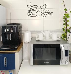 马德里Casa de Mirtha的厨房配有微波炉和柜台上的咖啡杯