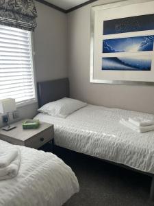 Merston2 Bedroom Villa - Lakeside Holiday Park的一间卧室配有两张床、一张桌子和一张图片