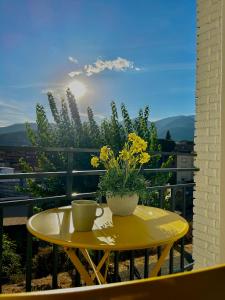 阿雷纳斯德圣佩德罗SolGredos I的阳台上的黄色桌子,上面放着一杯鲜花