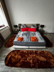 莱比锡Schöne Wohnung in Bestlage inclusive Parkplatz的一间卧室配有一张带两张地毯的床
