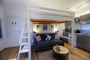 安锡Le Petit Plus - studio confortable avec parking的带沙发和高架床的客厅