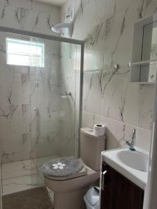 布卢梅瑙Hostel Jardim de Lotus的浴室配有卫生间、盥洗盆和淋浴。
