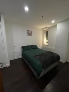 巴塞尔顿Amazing 1 Bedroom Flat in Essex TH104的一间卧室设有一张绿色的床和一个窗户。