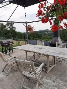 列日Le calme de la prairie de liège的一张木制野餐桌和一把伞下的椅子