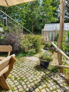 开姆尼茨Wildes Paradies,135 qm Ferienwohnung im Naturgarten的一个带长凳和房子的花园