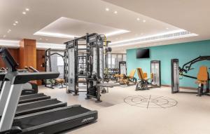 迪拜DoubleTree by Hilton Dubai Al Jadaf的一间健身房,里面配有跑步机和机器