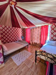 瓦迪拉姆Shahrazad desert, Wadi Rum的带1张床铺和1张沙发的帐篷客房