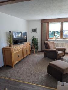SchlettauFerienwohnungen Schönherr的客厅配有电视、沙发和椅子