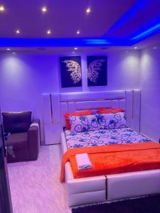 达喀尔Paryssonalo的紫色的客房配有一张床和一把椅子