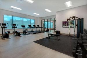 阿尔法利塔Embassy Suites By Hilton Alpharetta Halcyon的健身房设有跑步机,健身房提供健身自行车