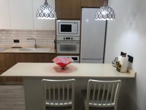 科尔多瓦ENMAYO 2021 - Dos alojamientos的厨房配有带2把椅子的柜台和微波炉
