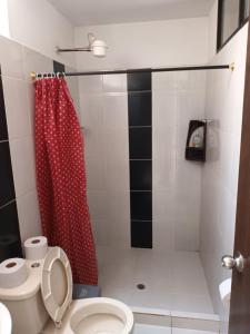 贾丁Hotel Internacional Jardín的一间带红色淋浴帘和卫生间的浴室