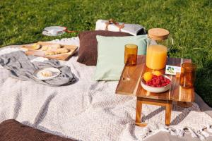 莫伊西德约斯Casa cu Salcâmi的一张野餐桌,上面放有水果盘和一瓶橙汁