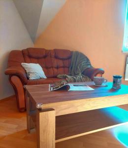 克拉利基Zelený apartmán Králiky的带沙发和咖啡桌的客厅