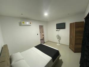 阿卡西亚斯Hotel Arrendajo的一间卧室配有一张床、一台电视和一张沙发