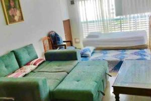 圣安德烈斯Sea View 603B的客厅配有绿色沙发和床。