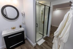 Ville-MarieAuberge Nouvelle-France的带淋浴、盥洗盆和镜子的浴室