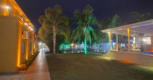 特尔马斯德里奥翁多Hotel Gran Habana的棕榈树庭院和夜间建筑