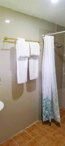 ‘OhonuaToafa Lodge的浴室提供白色毛巾和淋浴帘