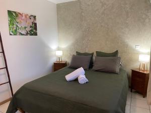 普纳奥亚Moehani Beach Lodge的一间卧室配有一张床,床上有毛巾