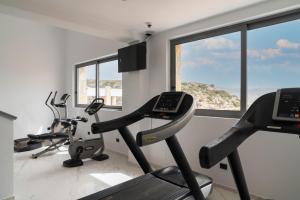 卡尔帕索斯SOPHID Wellness Suites Karpathos的健身房设有2台跑步机和2辆健身自行车