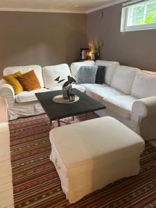 桑讷菲尤尔Basement apartment的客厅配有白色的沙发和桌子