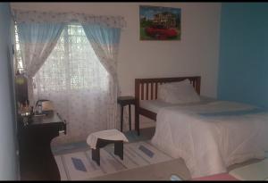 蒙巴萨ADIA APARTMENTS的一间卧室配有一张床、一张书桌和一个窗户。