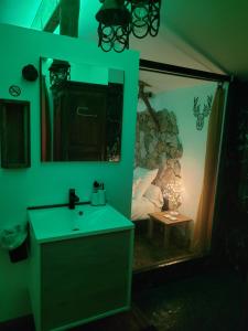 屈热莱潘LOVE Room Danslesbois avec spa的客房内的浴室设有水槽和镜子