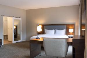 伯尼伯尔内汉普顿酒店及套房的酒店客房配有一张床和一张带台灯的书桌