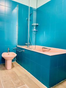 沙图Luckyhouse Chatou-ville des impressionnistes - 10km Paris La Défense 20km Stade de France的蓝色的浴室设有水槽和卫生间