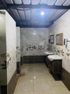 瓦迪拉姆Wadi Rum Story Camp的一间带两个盥洗盆和淋浴的浴室