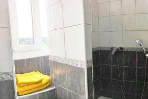 雅芳Manoir - Studio - Fibre-wifi - Avon的一间带黄色毛巾淋浴的浴室