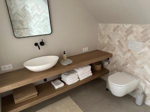 迪温特Luxe Loft in Historisch Pand in Walstraat Deventer的浴室配有白色水槽和卫生间。
