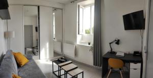 雅芳Manoir - Studio - Fibre-wifi - Avon的带沙发、桌子和镜子的客厅
